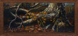 Doug Simpson (American), "Tree Roots," 20th c., oil on canvas, signed lower right, presented in a textured wood frame, H.- 35 1/2 in., W.- 83 1/2 in.,