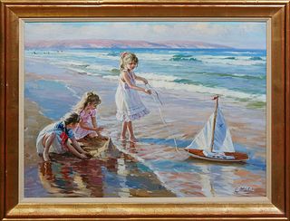 Leon Michel, "Girls Playing with a Boat on the Beach," early 20th c., oil on canvas, signed lower right, presented in a gilt frame, H.- 23 in., W.- 30