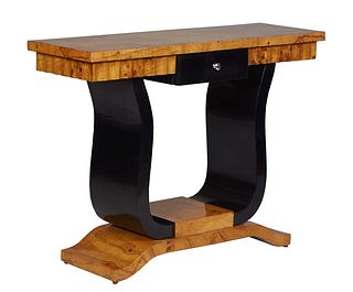 Art Deco Style Walnut Console Table, 21st c., the rectangular top over a scalloped skirt with a central black frieze drawer, on two black serpentine s