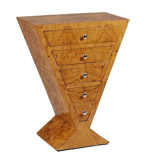 Art Deco Style Burled Walnut V-Shaped Chest, 21st c., the rectangular top over five graduated drawers, on a triangular base, H.- 34 in., W.- 26 7/8 in