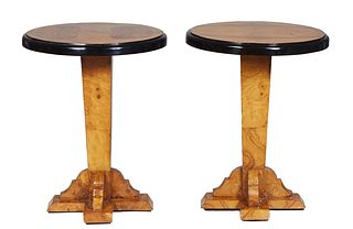 Pair of Art Deco Style Burled Walnut Lamp Tables, 21st c., the circular ebonized rim top on a tapered square support to four splayed legs, H.- 29 1/2 