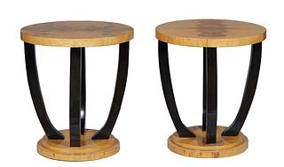 Pair of Art Deco Style Walnut Lamp Tables, 21st c., the circular top on four curved ebonized supports to a stepped circular base, H.- 26 1/2 in., Dia.