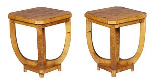 Pair of Burled Walnut Art Deco Style Lamp Tables, 21st c., the stepped octagonal top on four curved legs, around a central block support, to an octago