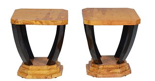 Pair of Art Deco Style Walnut Side Tables, 21st c., the octagonal top on four curved flat ebonized legs to a triple stepped octagonal base, H.- 21 1/4