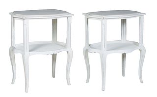 Pair of Polychromed Beech Marble Top Side Tables, 21st c., the inset white tortoise marble top on square supports to a lower shelf, on cabriole legs, 