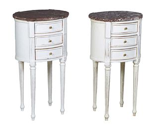 Pair of Louis XVI Style Polychromed Beech Marble Top Nightstands, 21st c., the oval figured brown marble over a bank of three bowed drawers, on reeded