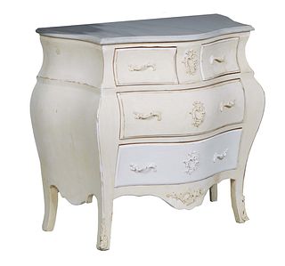 Louis XV Style Polychromed Beech Bombe Marble Top Commode, 21st c., the ogee edge bowfront figured white marble over three graduated bowed deep drawer