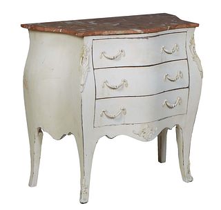 Louis XV Style Polychromed Mahogany Marble Top Bombe Commode, 21st c., the bowed highly figured tan marble over two deep bowed drawers, flanked by bom