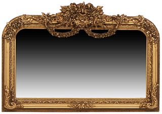 Louis XIV Style Gilt Composition Horizontal Overmantel Mirror, 21st c., with an ornate relief scroll and floral crest above two arched floral garlands