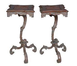 Pair of Parcel Gilt French Marquetry Style Beech Pedestals, 21st c., the stepped square tops on scrolled "branch" supports on tripodal cabriole C-scro