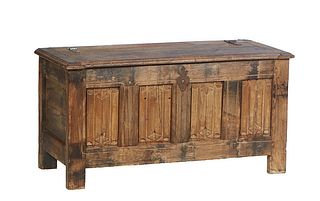 French Provincial Louis XIII Style Carved Oak Coffer, 19th c., the lifting lid over a front with four relief carved linenfold panels, on block feet, H