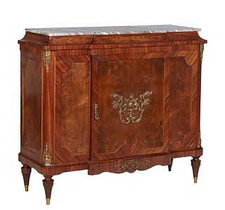 Louis XVI Style Ormolu Mounted Walnut and Mahogany Marble Top Sideboard, 20th/21st c., the highly figured tan and white breakfront marble over an ogee