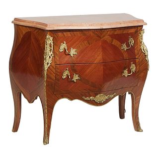 Louis XV Style Ormolu Mounted Inlaid Mahogany Marble Top Bombe Commode, 20th c., the stepped bowed highly figured pink marble over two deep inlaid dra