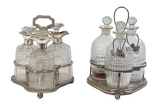 Two Silverplated Three Bottle Cruet Sets. 19th c., one with silverplated pouring spouts, with stoppers, H.- 10 3/8 in., Dia.- 8 1/2 in.; the second wi