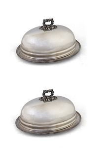 Two Sheffield Silverplated Meat Domes and Platters, late 19th c., the domes with naturalistic branch handles, the platters with gadroon edges, Dome- H