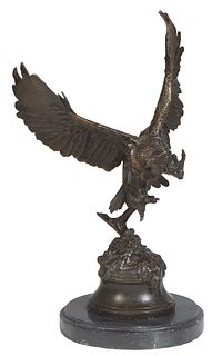William H. Turner, "Screech Owl Hunting," 1992, bronze patinated spelter, with an impressed signature and date on the rear of the integral base, on a 