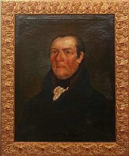 American School, "Portrait of a Man with Ascott," 19th c., oil on canvas, unsigned, presented in an ornate gilt frame, H.- 23 5/7 in., W.- 18 3/8 in.,