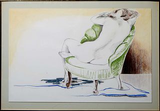 Kitty O'Meallie (Newcomb College, 1915-2014), "Nude in a Green Chair," c. 1984, mixed media on paper, signed lower left, signed, titled and dated en v