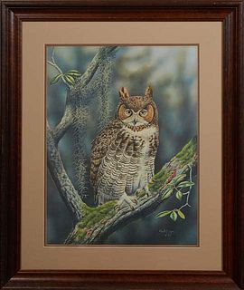 Ronald J. Louque (1952-, Louisiana/Virginia), "Great Horned Owl," 1977, lithograph, unnumbered out of 1000, signed and dated in print lower right, sig