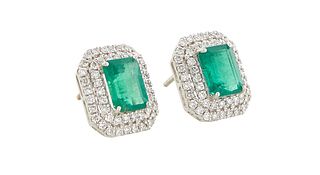 Pair of Platinum Stud Earrings, each stud with a 1.71 ct. emerald atop a double octagonal concentric border of round diamonds, total emerald Wt.- 3.42