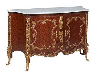 Louis XV Style Inlaid Mahogany Ormolu Mounted Bombe Marble Top Sideboard, 21st c., the ogee edge rounded corner bowed figured white marble over double