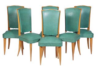Set of Six Art Nouveau Carved Beech Dining Chairs, 20th c., the arched curved canted upholstered back to a trapezoidal serpentine upholstered seat, on