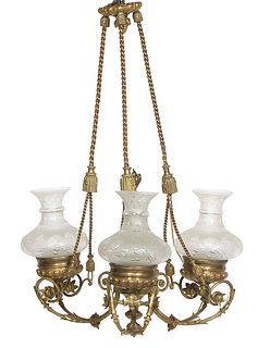 Gilt Bronze Three Light Gasolier, 19th c., possibly by Cornelius and Baker, the ceiling cap suspending three double drapery and tassel form hanging ro