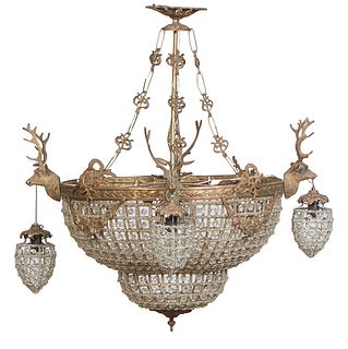Brass Corbeille Form Five Light Chandelier, 21st c., with a ceiling cap over a center ring issuing four deer head lights with clear glass beaded baske