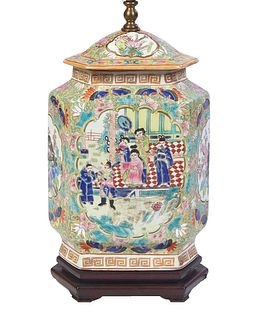 Chinese Famille Rose Porcelain Covered Vase, late 19th c., of hexagonal form with gilt Greek key borders over reserves of interior scenes and birds an
