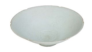 Chinese Celadon Footed Bowl, 20th c., with a crimped rim, and figural decoration, H.- 2 3/4 in., Dia.- 8 1/8 in.
