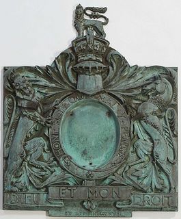 Large Patinated Bronze Plaque, 19th c., of the British royal coat of arms, "Honi Soit Ou Mal Pense, Dieu et Mon Droit," H.- 38 1/2 in., W.- 30 1/2 in.