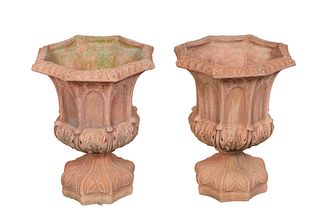 Pair of Gothic Style Terracotta Octagonal Planters, 20th c., the Gothic arched relief rim over indented arched sides, to a socle support, on a relief 