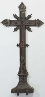 Large French Ornate Cast Iron Garden Cross, the base with an inscription "Beata est anima eius," blessed is his soul," from Ecclesiastes 34; 17, H.- 6