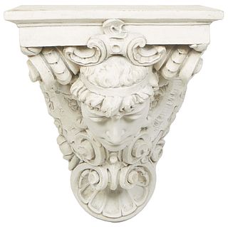 Large Figural Plaster Bracket Shelf, 20th c., the stepped rectangular top over a large classical male bust support, flanked by C-scrolls, H.- 22 in., 