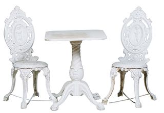 Three Piece Cast Aluminum Patio Set, 20th c., consisting of a canted corner octagonal table on a tapered relief support ,to four cabriole legs with ba