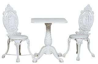 Three Piece Cast Aluminum Patio Set, 20th c., consisting of a canted corner octagonal table on a tapered relief support, to four cabriole legs with ba