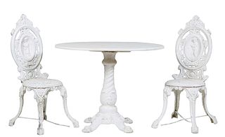 Antique Style Three Piece Cast Aluminum Patio Set, 20th c., consisting of an oval marble top table, on a tapered cylindrical relief aluminum support, 