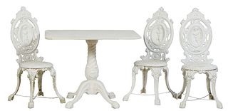 Four Piece Cast Aluminum Patio Suite, 20th c., consisting of a canted octagonal poured white marble top table, on a large relief decorated tapered urn