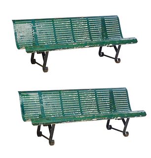 Pair of French Cast Iron Park Benches, early 20th c., with pierced rolled backs over pierced rolled seats, on large flat scrolled legs, H.- 28 3/4 in.