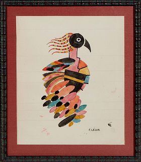 Attributed to Fernand Leger (France/California, 1881-1955), "Bird," 20th c., watercolor on paper, signed lower right, presented in a polychromed frame