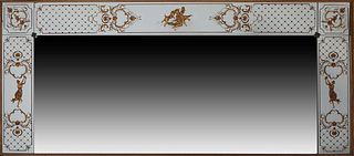 French Overmantel Mirror, 20th c., with eglomise gilt decorated classical borders on three sides, H.- 40 1/2 in., W.- 92 in., D.- 1 1/2 in.