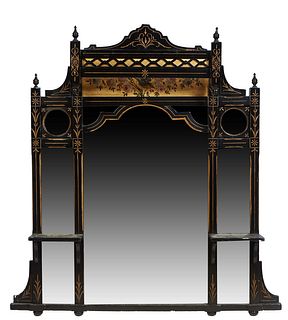 English Aesthetic Carved Ebonized Gilt Incised Overmantel Mirror, c. 1880, with an incised arched crest flanked by finialed pilasters, above a concave