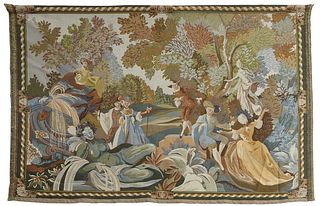 French Woven Tapestry, 20th c., depicting lovers in a garden, mounted on a wood hanging strip, H.- 48 in., W.- 72 in.