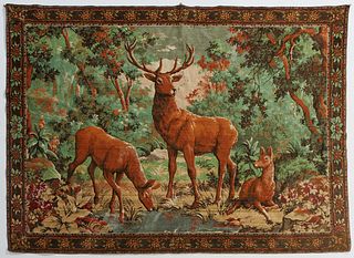 French Machine Made Tapestry, 20th c., of a deer family in a forest landscape, H.- 43 in., W.- 64 in.