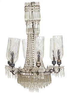Maria Theresa Style Brass and Crysal Six Light Chandelier, 20th c., with a top flat brass ring issuing long button and spear prisms, above a lower sma