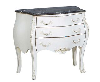 Louis XV Style Polychrmed Beech Marble Top Bombe Commode, 21st c., the stepped bowfront figured black marble over three deep drawers, flanked by cabri