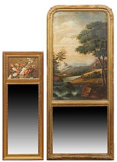 Two Diminutive French Carved Gilt Beech and Gesso Trumeau Mirrors, late 19th c., the smaller with an oil still life of flowers above a rectangular pla