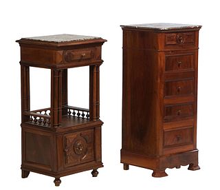 Two French Carved Walnut Marble Top Nightstands, late19th c., the taller example with a canted corner figured brown marble over a frieze drawer and a 