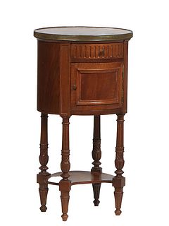 French Louis XVI Style Carved Walnut Marble Top Nightstand, late 19th c., the brass bound oval figured brown marble over a frieze drawer and a pot cup