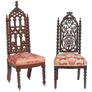 Two Carved Mahogany Gothic Style Hall Chairs , 19th c., one with an arched back with a cross crest above a Gothic arch carved back, to a trapezoidal u